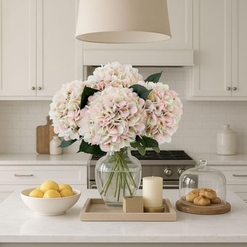 ZYTUYO 3PCS Champagne Pink Hydrangea Artificial Flowers 20" Large Fake Latex Real Touch Hydrangeas Flowers with Stems Faux Silk Bouquet for Indoor Home Decor Table Wedding Party Floral Outdoor - color: Champagne Pink