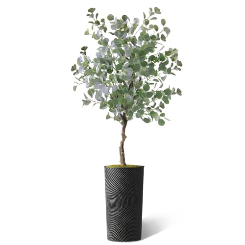 Artificial Tree in Geometric Spiral Pattern Planter, Fake Eucalyptus Silk Tree for Indoor and Outdoor Home Decoration - 66" Overall Tall (Plant Pot Plus Tree) - style: Eucalyptus Tree
