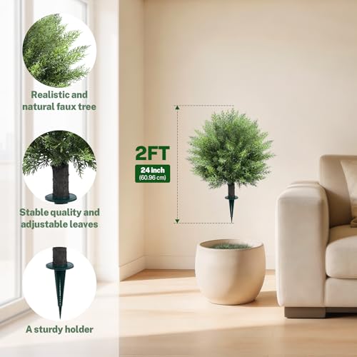 Joyooss 2FT Artificial Cedar Topiary Ball Trees Outdoor Fake Plants Faux Plants Front Porch Decor for Indoor Outdoor Garden Plant 2 Pack Fake Evergreen Bush UV Resistant with Ground Spike - size: 2FT