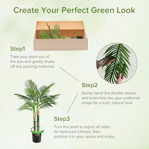 NEWBULIG 47in Artificial Palm Tree, Double Stalk Golden Cane Palm with Lush Realistic Leaves, Large Faux Plant for Living Room, Maintenance Free Home Decor