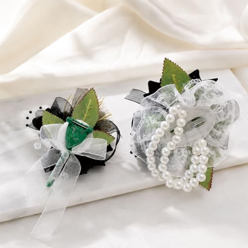Wrist Corsage and Boutonniere Set, Artificial Rose Corsage Wristlet and Boutonniere for Wedding Prom Party (Black-002) - color: Black-002