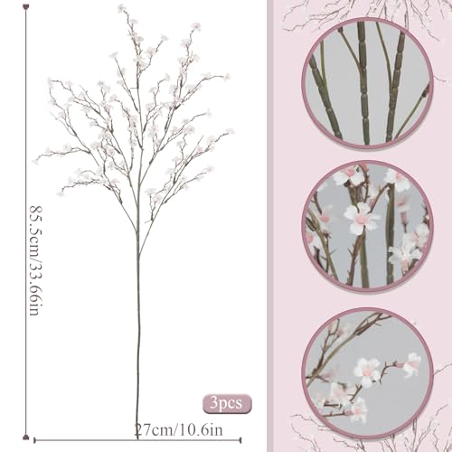 3 Pcs Cherry Blossom Branches Artificial Flowers for Spring Summer Indoor Decoration Faux Cherry Blossom Long Stems White Silk Fake Flowers for Tall Vase Arrangements Home Wedding Table - color: White