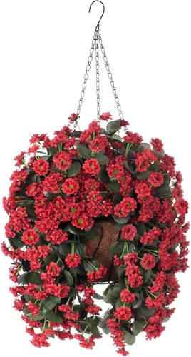 INXUGAO Hanging Baskets Artificial Flowers for Outdoor Interior Decor, Artificial Daisies Flowers Shrubs Plants with Baskets for Home Porch Garden Patio Patio Spring Summer Decor(Red) - color: Red