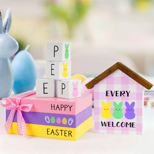 Nuvagiki 8PC Easter Wooden Book Stack Decor - Spring Bunny Stack for Shelf/Mantel, Farmhouse Decor with Pastel Wooden Books, Easter Gift Set - color: Easter Pink