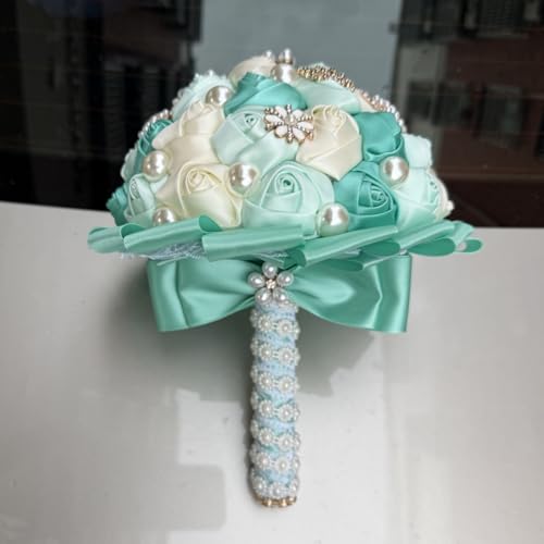 Mint Green and Ivory Bridal Wedding Bouquet with Rhinestone Brooch Pearl Bouquet for Bride Bridesmaid Quinceanera Satin Rose Flower Bouquet Wedding 7.1in - color: Mint Green & Ivory, size: Diameter: 7.1 inches