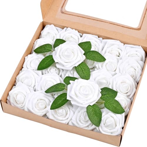 25 Pcs Artificial Flowers Fake Rose with Stems - White Real Touch Foam Roses for DIY Wedding Bouquet Bridal Shower Cake Toppers Centerpiece Table Valentines Day Decorations - color: White, size: 25Pcs