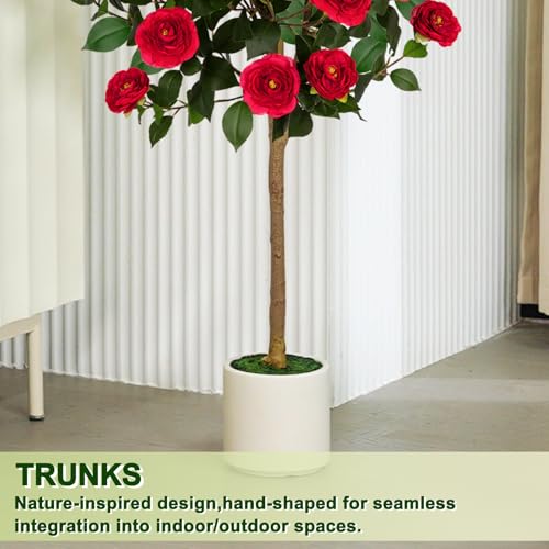VIVATREES 5ft Artificial Camellia Tree, 60'' Tall Faux Camellia Plant with Red Flowers, UV Resistant Indoor Outdoor Fake Tree with White Planter Pot Included for Living Room Patio Decor