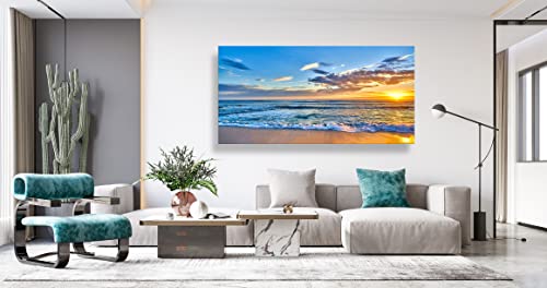 Aibonnly Wall Art Canvas Painting Seaside Sunset over the beaches 1 Piece blue sea view Ocean Picture Poster Print Framed and Stretched Ready to Hang for Living Room Bedroom Kitchen Office - color: Blue, size: 48"L x 24"W