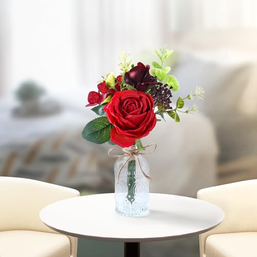 AFRITEE Artificial Flowers with Vase - Small Red Fake Plants Faux Silk Flower Arrangement in Vase for Home Decor for Indoor Dining Living Room Coffee Wedding Table Centerpieces - color: Red Bouquet+relief Vase