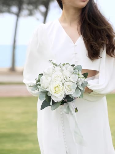 Rinlong White Green Bridesmaid Bouquet for Wedding, Prom, Homecoming | Silk Bridal Bouquet, Destination Friendly - color: 12-white Hydrangea