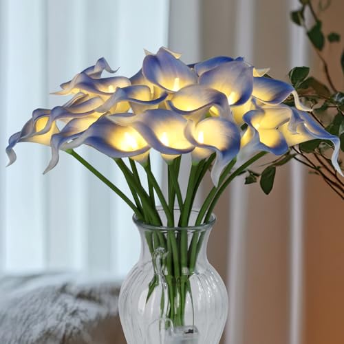 20pcs Lighted Artificial Calla Lily Bouquet Lamp Faux Floarl Night Light Real Touch Flower Night Lamp LED Calla Lily lighted Artificial Flower for Holiday Gifts Home Kitchen Decor(Light Blue, No Vase) - color: Light Blue