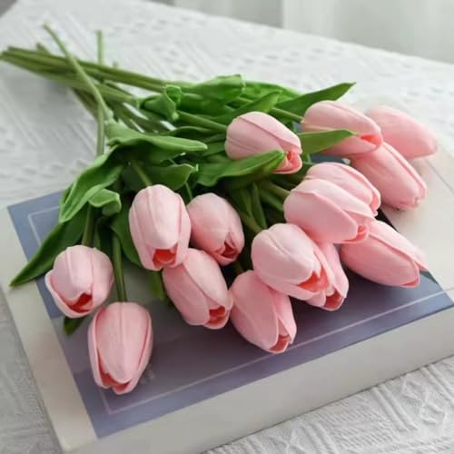 Artificial Tulips 20Pcs Real Touch Fake Tulips PU Flower Arrangement Bouquets for Home Party Decoration Holiday (Pink) - color: Pink 20pcs
