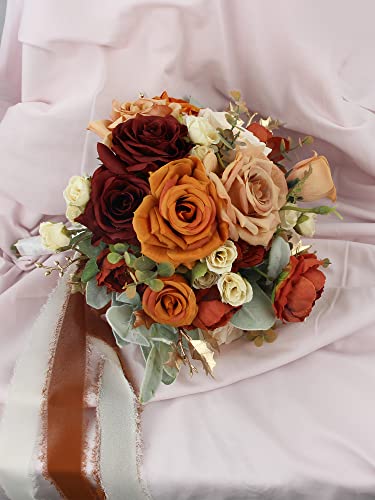 Rinlong 9" Fall Wedding Bouquet for Bride, Burnt Orange Bridal Bouquet | Silk Flowers - color: Org-gold & Terracotta, size: 8" tall, 12" wide