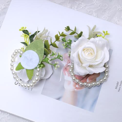 Ivory Rose Wrist Corsage Wristlet Band Bracelet for Women Set of 6 Wedding Bride Bridesmaid Wrist Corsage Artificial Flowers for Wedding Ceremony Anniversary Prom Flowers Formal Dinner Party(6, White)