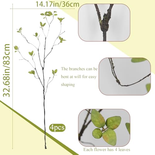 CITYES 4 Pcs Artificial Greenery Stems Twigs and Branches for Vases 32.7" Faux Branches with Green Leaves Fake Ficus Twigs Plants for Vase Filler Home Party Wedding Garden Office Shop Decorations