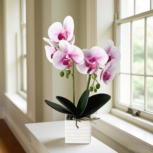 Artificial Orchids for Home Decor Indoor with Vase Orchids Artificial Flowers White Purple Orchid Height 14 Inches - color: Purple Heart White