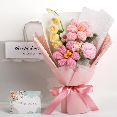 Crochet Flower Bouquet, Handmade Knitted Tulip Faux Crochet Flowers for Home Decor Valentine’s Day Anniversary Weddings Birthdays Mother’s Day, Includes Gift Bag and Greeting Card (Pink) - color: Pink