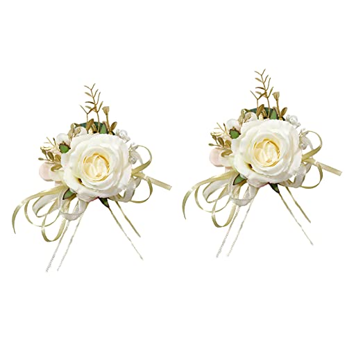 Boutonniere for Wedding Groom 2pcs Champagne Satin Rose Groomsmen Best Man Father Suit Lapel Flower Button Hole Artificial Flower With Gold Ornament for Prom Homecoming, Tea Party, Formal Dinner - color: Champagne Boutonniere