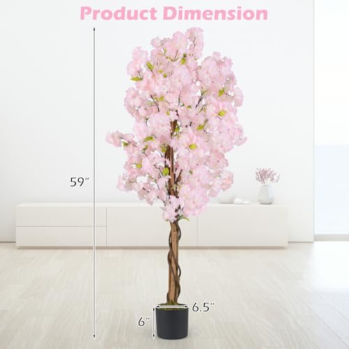GOFLAME 5FT Artificial Cherry Blossom Tree, 2 Pack Faux Pink Silk Plant with Solid Wood Trunk, Realistic Moss and Nursery Pot, Fake Sakura Flower Tree for Home Office Indoor Decor