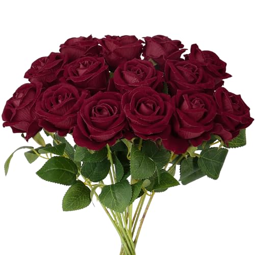 Auihiay 14PCS Burgundy Roses, Burgundy Roses Artificial Flowers, Velvet Silk Rose Bouquet with Long Stems for Father's Day, Valentine's Day Gift, Wedding Centerpieces & Home Decor - color: Burgundy