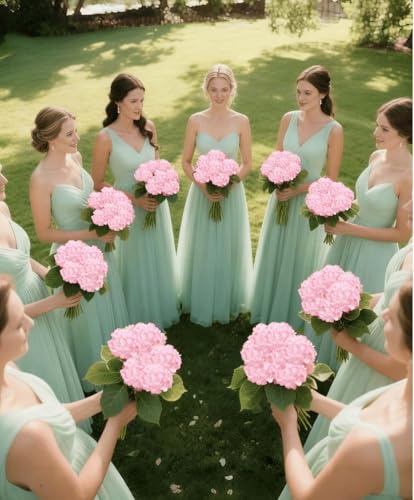 50 Pack Artificial Pink Hydrangea Flowers with Leaves, 6 Inch Silk Flower Heads, DIY Mother's Day Wedding Decor Set with 100 Leaves, 50 Stems - color: Pink