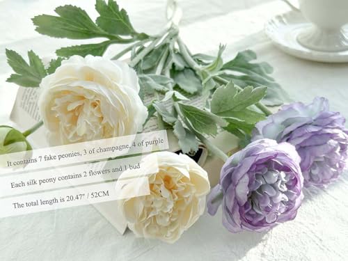 7 pcs Peonies Artificial Flowers, Purple Champagne Ranunculus Artificial Flowers, Fake Peonies for Home Office Centerpiece Table Decorations, Dining Table Centerpiece (Purple+Champagne) - color: Purple Champagne