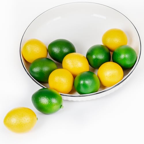 12 Pcs Artificial Lemons for Decoration, Vivid Faux Lemon Fake Fruit Realistic Yellow & Green Lemon Mixed Set for Home Kitchen Cabinet Decoration Party Decor
