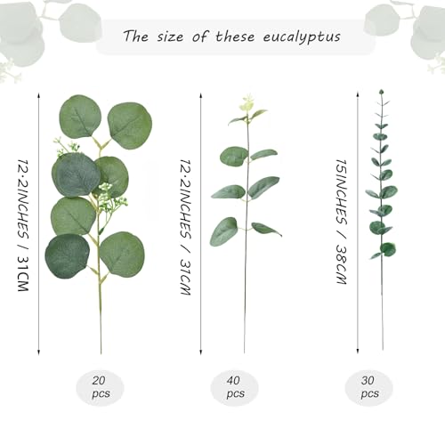 Abzo 90 Pcs 3 Kinds Mixed Eucalyptus Stems Bulk Artificial Eucalyptus Leaves Sprays Faux Oval Eucalyptus Greenery Stems for Wedding Vase DIY Bouquets Bouquet Floral Arrangement Home Decor
