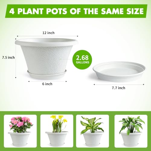 Quarut 12 Inch Plant Pot,4 Pack Large pots for Plants,Flower Pots with Drainage Hole & Saucer,Modern Planters for Indoor Outdoor Plants,Decorative Resin Garden Pots,White - color: Diamond Pattern-white, size: 12 inch-4 Pack