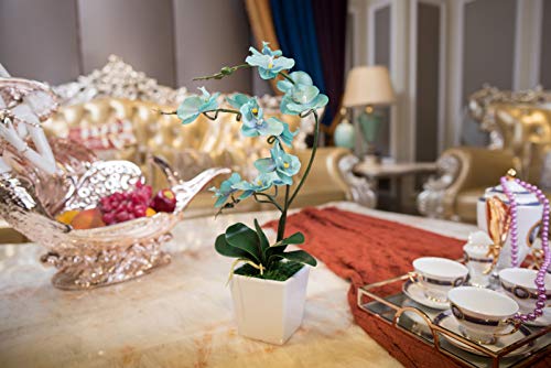 15 Inches Tall Artificial Silk Phalaenopsis Orchid Flower Plant Pot Teal Arrangements (Golden Blue) - color: Golden Blue