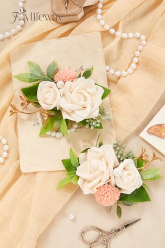 White Rose Boutonniere and Wrist Corsages for Wedding(Set of 2), Prom Corsage Wristlet for Wedding, Prom, Anniversary, Graduation, etc. - color: White, size: 1 Corsage & 1 Boutonniere