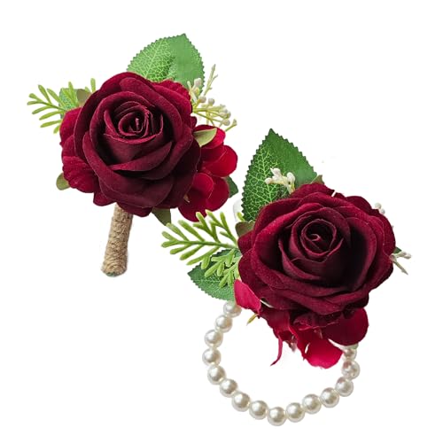 Burgundy Rose Corsage and Boutonniere Set Wristlet Corsage for Bride Bridesmaids, Boutonniere for Groom Groomsmen Prom Wedding Flowers Accessories,Homecoming, Anniversary, Graduation (Burgundy) - color: Burgundy
