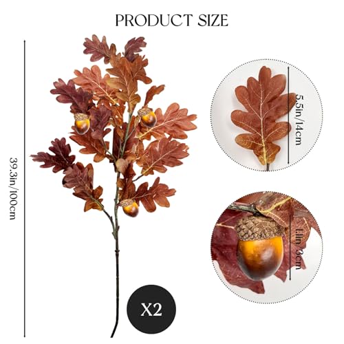 SNAIL GARDEN 2 Pcs 39.3in /100cm Faux Oak Fall Floral Stems with Acorns,Large Artificial Fall Stems for Vases Filler, Autumn Decor Oak Leaves Artificial Fall Flowers Wedding Porches Courtyards