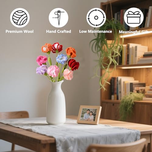6Pcs Handmade Carnation Crochet Flower Bouquet, Completed Carnations Artificial Flower, Carnation Flower Wedding Bouquet (Purple) - color: Purple