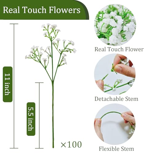 100Pcs Babys Breath Artificial Flowers-Gypsophila Babys Breath Flowers Artificial Bulk-White Real Touch Fake Flowers for Wedding Home Garden Decor - size: 100 Pcs