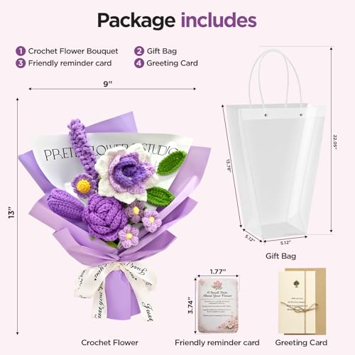 Crochet Flower Bouquet, Purple Handmade Knitted Flowers | Crochet Rose Lavender Flowers, With Card Gift, For Lover Girlfriend Friends - color: Lavender Rose