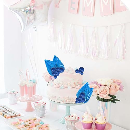 28 Pack Balls Cake Toppers, DIY Palm Leaves Cake Decorations, Foam Balls Paper Palm Leaf Cake Insert Toppers Decorations for Birthday Wedding Baby Shower Party Decorations Blue - color: Blue