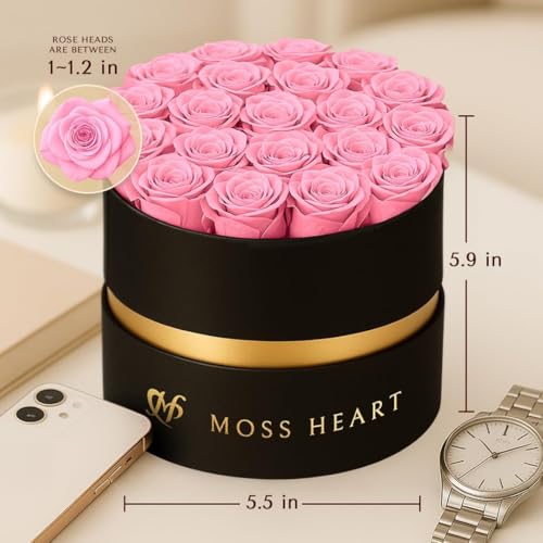 20 Mini Preserved Roses, Round Luxury Gift Box, Real Forever Roses Last 1+ Year, Premium Romantic Gift for Women, Wife, Girlfriend, Mother’s Day, Birthday, Anniversary, Valentine’s Day - color: Pink, size: 20 Roses