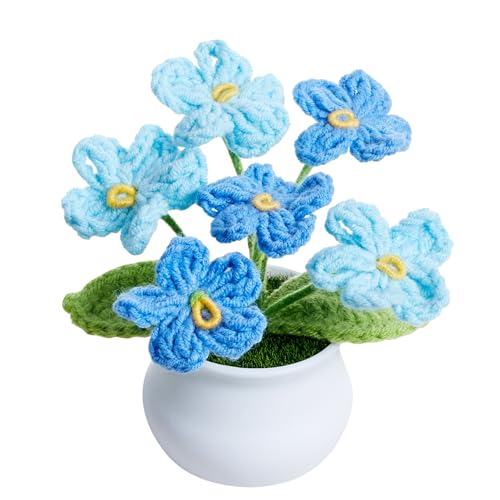 Crochet Flowers Cute Handmade Knitted Potted Gradient Blue Forget Me Not Flower Gifts for Women Teacher Coworkers Thank You Appreciation Gift, Decor for Home Room Dorm Office Desk Accessories - color: Gradient Blue