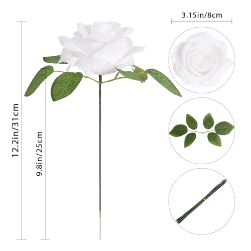 20pcs White Roses Artificial Flowers Fake Roses Real Looking Silk Flowers Bulk Big Faux Roses with Stems for Wedding Centerpieces Table Home Party Decor Bridal Floral Arrangements (White) - color: White
