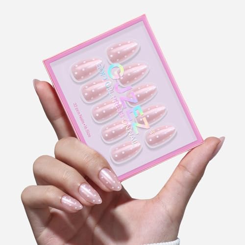 32Pcs Soft Gel Press on Nails for Women, Pink Polka, Short Almond | Cute Coquette Polka False Fake Nails Press Ons for Girly Valentine Date, Salon Quality Reusable Glue & Stick on Nail Gift Kit - color: 3F-Pink Polka