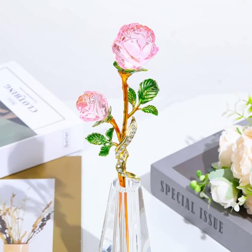 Arikyrist Pink Rose Flower Crystal Figurine with Vase, Handmade Bouquet Glass Flowers Ornament Rose Gifts for Women Mom Wife, Crystal Flower Home Decor for Valentine Mother's Day Wedding - color: Pink 1