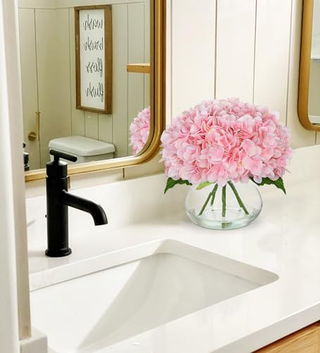 Hollyone Pink Hydrangea Artificial Flowers with Glass Vase Silk Faux Flowers Arrangements with Clear Faux Water Fake Floral Bulk Bouquet for Home Decor Table Centerpiece Decorations - color: Hydrangea, Pink