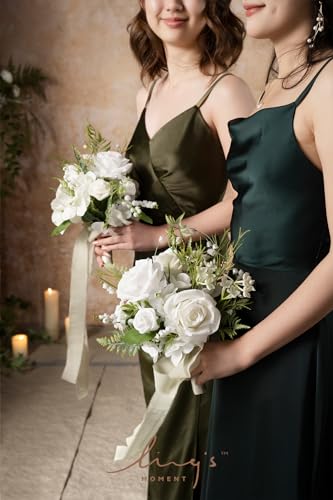 Ling's moment Lily White Artificial Wedding Flower Bouquets for Bridesmaids Floral Bouquet 7 Inch Bridesmaid Bouquets with Ribbon Ceremony Anniversary,7-inch Diameter - color: Wht-lily of the Valley White