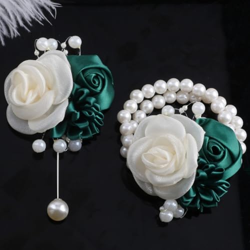 Wedding Prom Party Satin Rose Wrist Corsage Flower, 2Pcs Boutonniere and Wrist Corsage Wristband Roses Prom Flower Wedding Flowers Accessories Prom Suit Decorations (Dark Green) - color: Dark Green