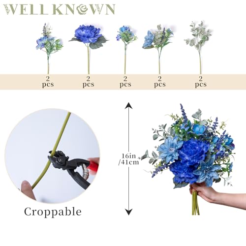 WELL KNOWN Artificial Flowers Bouquet, Blue Fake Flowers for Vase, Silk Faux Flowers DIY Spring Table Centerpieces for Wedding, Dining Room, Kitchen, Office, Farmhouse, Mom's Decor & Gift (Royal Blue) - color: Royal Blue