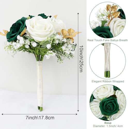 Artificial Bridesmaid Bouquet Set of 6 - Wedding Flowers Bouquets for Bridesmaids, Small Pre-made Faux Small Floral Bouquets for Bridal Shower, Ceremony, Anniversary - Emerald White Gold, 7 Inch - color: White & Emerald & Gold, size: Set of 6 Bridesmaid B