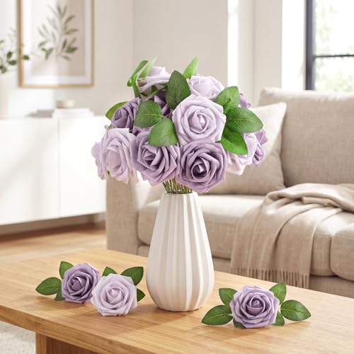 50 Pcs Artificial Foam Rose Flower Faux Bouquet Wedding Fake Rose Gift for Mother's Day Women DIY Bridal Shower Party Table Birthday Home Spring Decor (Soft Purple) - color: Soft Purple