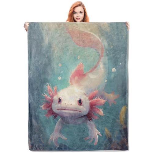 Cute Axolotl Fleece Blanket Gifts, Magical Underwater Creature Design, Soft Axolotl Throw 60x80 inches, Whimsical Aquatic Decor - Soft Blue and Pink - color: Color448, size: 60"x80"