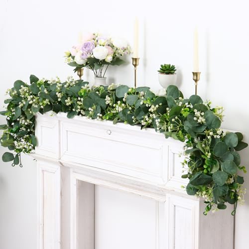 Eucalyptus Garland, 2 Packs 5.9FT Greenery Garland with Gypsophila Flowers Artificial Faux Silver Dollar Eucalyptus Leaves Fake Vines for Indoor Outdoor Table Mantle Home Party Wedding Decor - color: Style-03, size: 2PCS